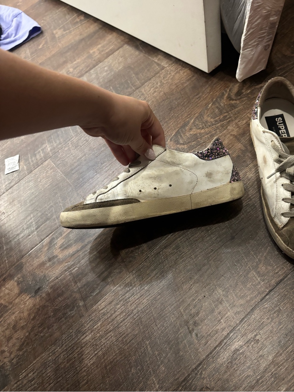 Golden Goose White Leather Sneakers with Glitter Heel